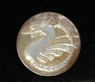 Antique Vtg Button Carved Pearl Shell Dragon I2