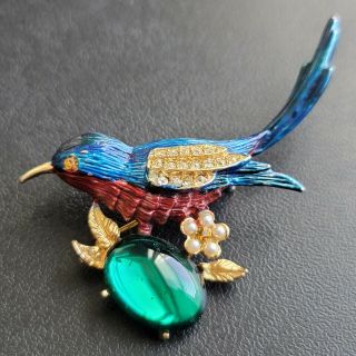 Vintage Blue & Red Enamel Bird Emerald Glass Pearl Rhinestone Brooch Pin 429