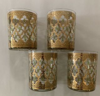 Set Of 4 Culver Valencia Gold Green Low Ball Rocks Glasses Mcm Barware Vintage