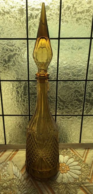Vintage Amber Color Liquor Bottle Decanter And Matching Stopper 20 1/2”