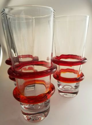 Vintage Blenko Glass Double Ring Saturn Highball Glasses,  Set Of 3 Red,