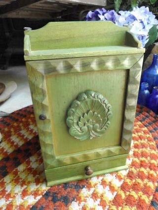 Vintage Wood Spice Cabinet With 7 Glass Jars Primitive Moss Green Patina