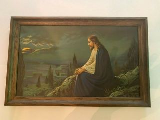 Vintage Jesus Christ Praying Mount Olive Print In Wood Frame