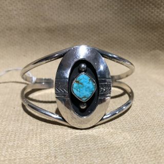 Vtg Sterling Silver Shadow Box Turquoise Navajo Type Design Cuff Bracelet