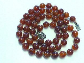 Vintage Chinese 9mm Red Carnelian Agate Filigree Silver Bead Necklace Art Deco