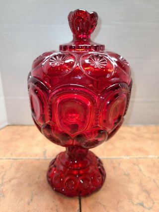 Vintage 8 1/4” Le Smith Moon And Stars Red Covered Compote Glass Dish