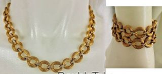 Vintage 1950s Gold Tone & Rhinestone Necklace & Bracelet Demin Parure Set