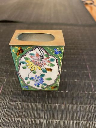 Vintage Antique Enamel Match Box Toothpick Holder Flowers Multi Color