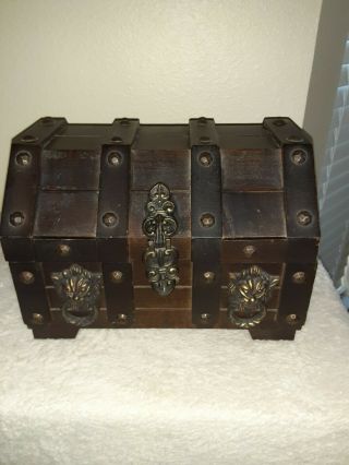Vintage Pirate Treasure Chest Wooden Jewelry Box Lion 