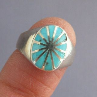 Vintage Old Pawn Zuni S Sterling Oval Inlay Turquoise Starburst Ring Size 6