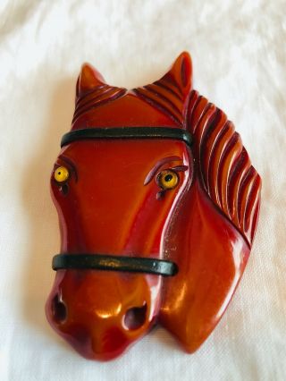Vintage Bakelite / Celluloid (?) Carved Horse Head Brooch Pin