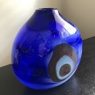 Vintage Signed Studio Blown Art Glass Moon Flask Blue Vase Pavel Molnar Atelier
