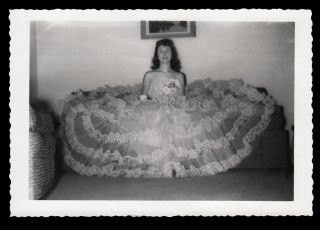 Blossoming Gigantic Prom Dress Woman Explodes On Sofa 1950s Vintage Photo