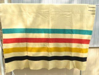 Vintage Hudson Bay Wool Blanket Ivory/candy Striped 4 Point Stripes Pre - Owned