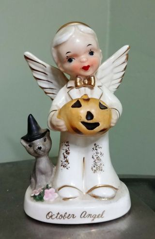 Vtg National Potteries/napco Oct.  Angel Halloween Figurine Boy Cat W/witch Hat