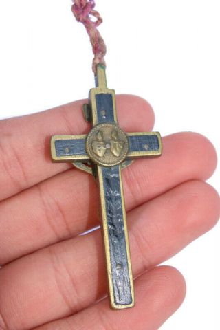 Vintage Antique Crucifix Brass Metal Small Cross Rosary Pendant Old Christianity