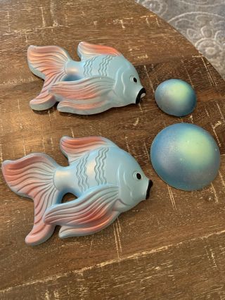 2 Vintage Plaster Chalk Ware Fish Wall Hangings Plaques & Bubbles Pink Blue