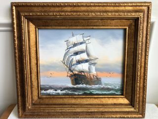 Vintage Clipper Ship At Sea Oil Painting Signed By Allan 15” X 13” Framed