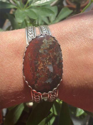 Vintage Handcrafted Artisan Cuff Bracelet Sterling Silver And Petrified Wood