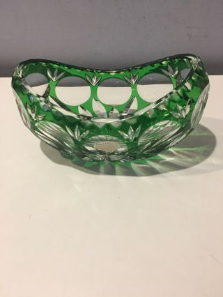 Vintage Nactmann Bleikristall Emerald Green Cut To Clear Crystal Candy Dish