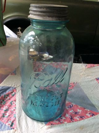 Lucky 13 Old Vintage Big 1/2 Gallon Blue Glass Ball Mason Canning Jar Zinc Lid