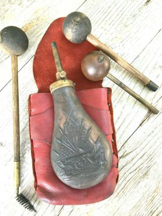 Vintage Gun Powder Flask Leather Holster Loader Short Starter Brush Ramrod Tools