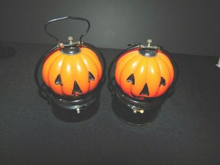 Vintage Pair Halloween Glass Jack - O - Lantern Battery Operated Pumpkin Light