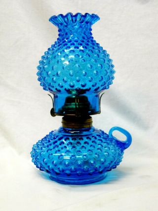 Vintage Fenton Art Glass Colonial Blue Hobnail Courting Oil Finger Lamp 3792