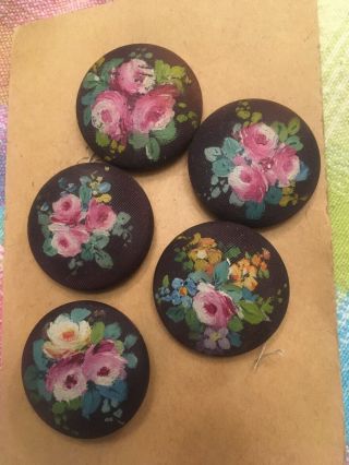 Set 5 Vintage Hand Made Brown Fabric Buttons W/hand Painted Floral Design 1 1/8 "