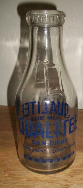Vintage Glass Milk Bottle - Qualitee Dairy,  San Diego,  California.  - 1qt