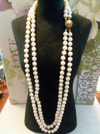 Vintage Signed Miriam Haskell 2 Strand Faux Pearl Necklace Fancy Clasp