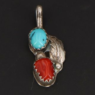 Vtg Sterling Silver - Navajo Coral & Turquoise Cluster Feather Pendant - 1g