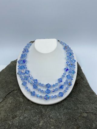 Vintage Blue Ab Crystal Glass Bead Necklace Multi Faceted Triple Strand An132