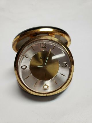 Vintage Round Seth Thomas Wind - Up Travel Alarm Clock Black Case Germany