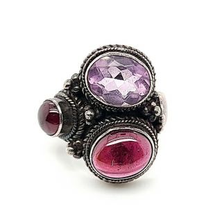 Vintage Sterling Silver Purple Crystal Cluster Ring - 8g
