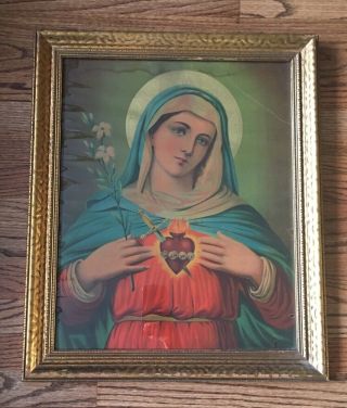 Vintage Virgin Mary Sacred Heart Large Print In Wood Frame Madonna Catholic