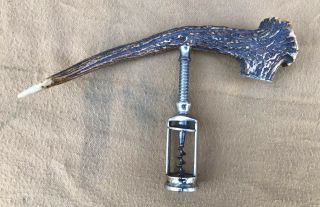 Large Vintage Stag Horn Cork Screw With Sterling And Silver 1909 Us Coin
