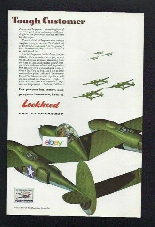 Lockheed Aircraft Corp 1942 Ww2 Tough Customer P - 38 Lightning Fighter Ad