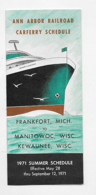 1971 Ann Arbor Railroad Car Ferry Schedule Brochure Frankfort Mi Manitowoc Wi