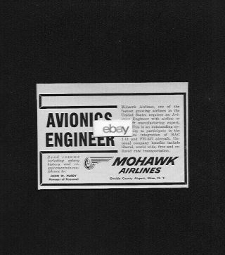 Mohawk Airlines 1966 Bac - 11 Jets & Fh 227 Avionics Engineer At Utica York Ad
