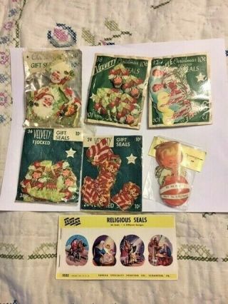 Vintage Christmas Seals Stickers Flocked Sparkles 6 Packets One Book Mid - Century