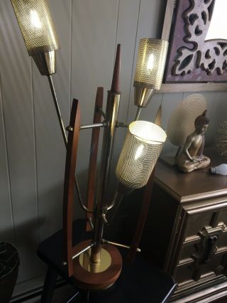 Vintage Mid Century Danish Modern Teak W/ 3 Gold Metal Shades Lamp 31 " Tall