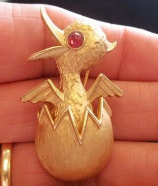 Vintage Crown Trifari Chick Bird Hatching From Egg Brooch Signed