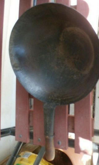 Vintage Chinese Pan 33cm Yamada Hammered Iron Wooden Handle Round Bottom Wok