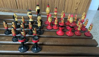 Vintage Russian Black & Red 32 - Piece Babushka Matryoshka Wood Chess Set