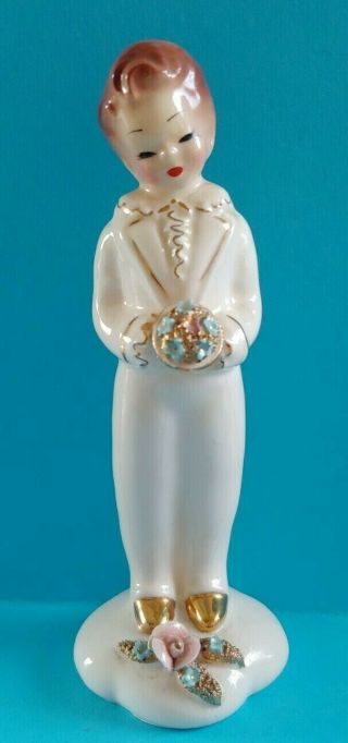 Vtg Rare Josef Originals Bisque Porcelain Boy/man Ring Barer W/flowers Figurine