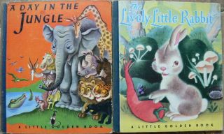 2 Vintage Little Golden Books A Day In The Junble,  Lively Little Rabbit 42pg