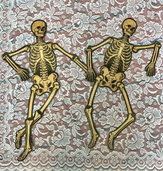 2 Vintage H.  E.  Luhrs Die Cut Jointed Skeletons Halloween Decoration