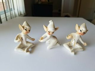 Vintage Holt Howard Pixie Elf Elves Candle Huggers - White Iridescent Set Of 3