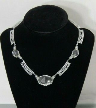 Vintage Art Deco Rhodium Plated Filigree Panel Faceted Glass Necklace 15 "